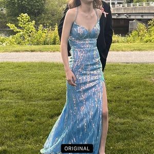 iridescent blue and pink prom dress